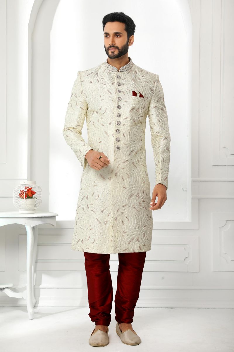 Art Silk Fabric Wedding Wear Designer Readymade Groom Sherwani For Men