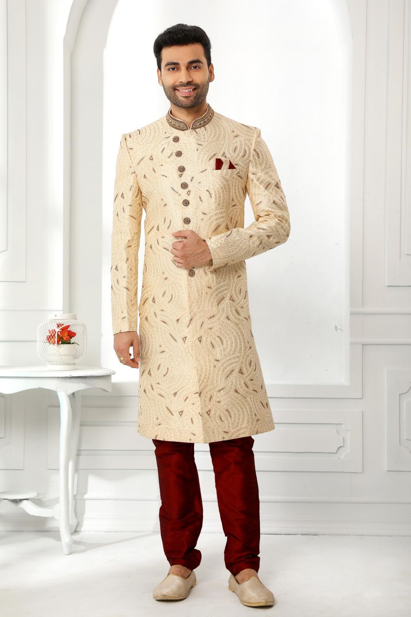 Beige Color Art Silk Wedding Wear Engrossing Sherwani For Men