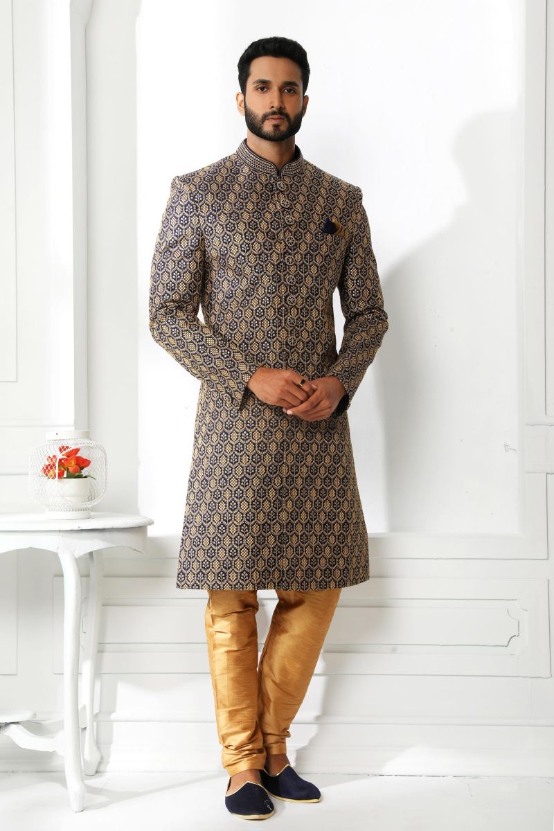 Art Silk Wedding Wear Stylish Sherwani For Men In Navy Blue Color