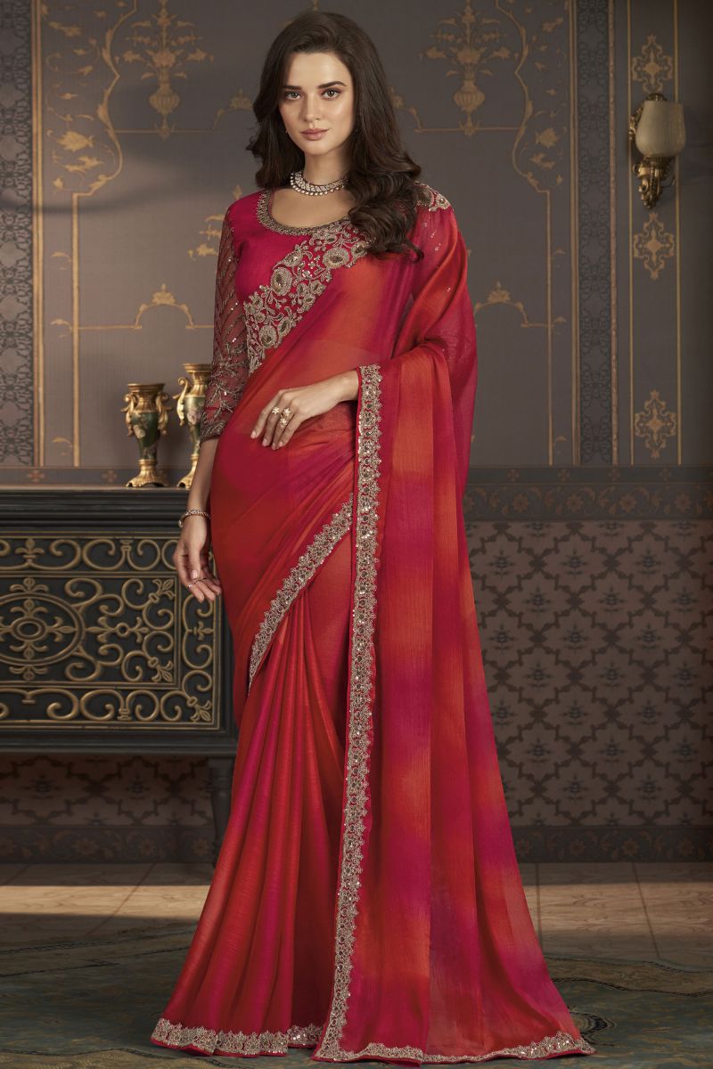 Chiffon Silk Fabric Red Color Pleasance Sangeet Wear Saree With Border Work