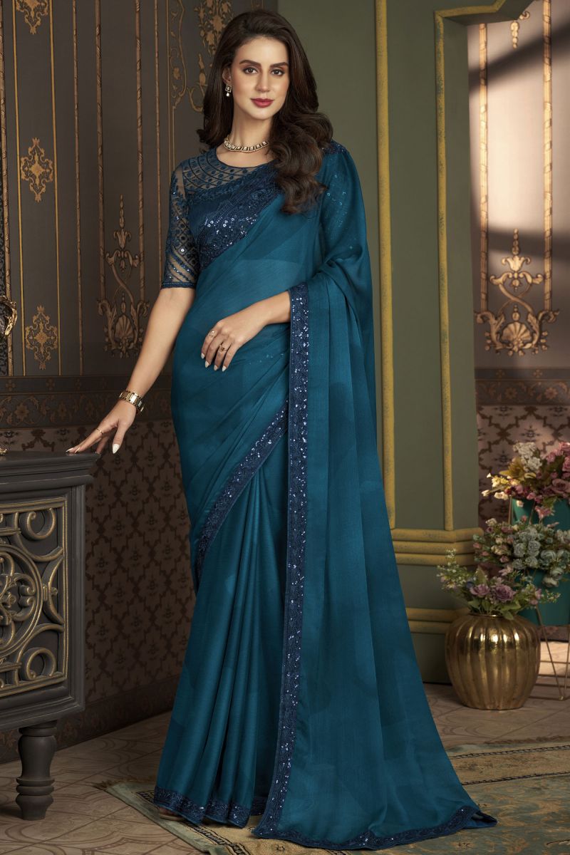 Chiffon Silk Fabric Teal Color Riveting Sangeet Wear Saree With Border Work