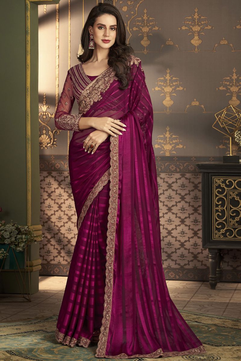 Border Work On Magenta Color Art Silk Fabric Princely Sangeet Wear Saree