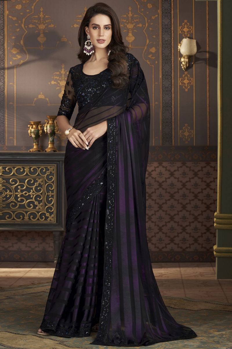 Black Color Satin Silk Fabric Engaging Sangeet Wear Saree With Border Work