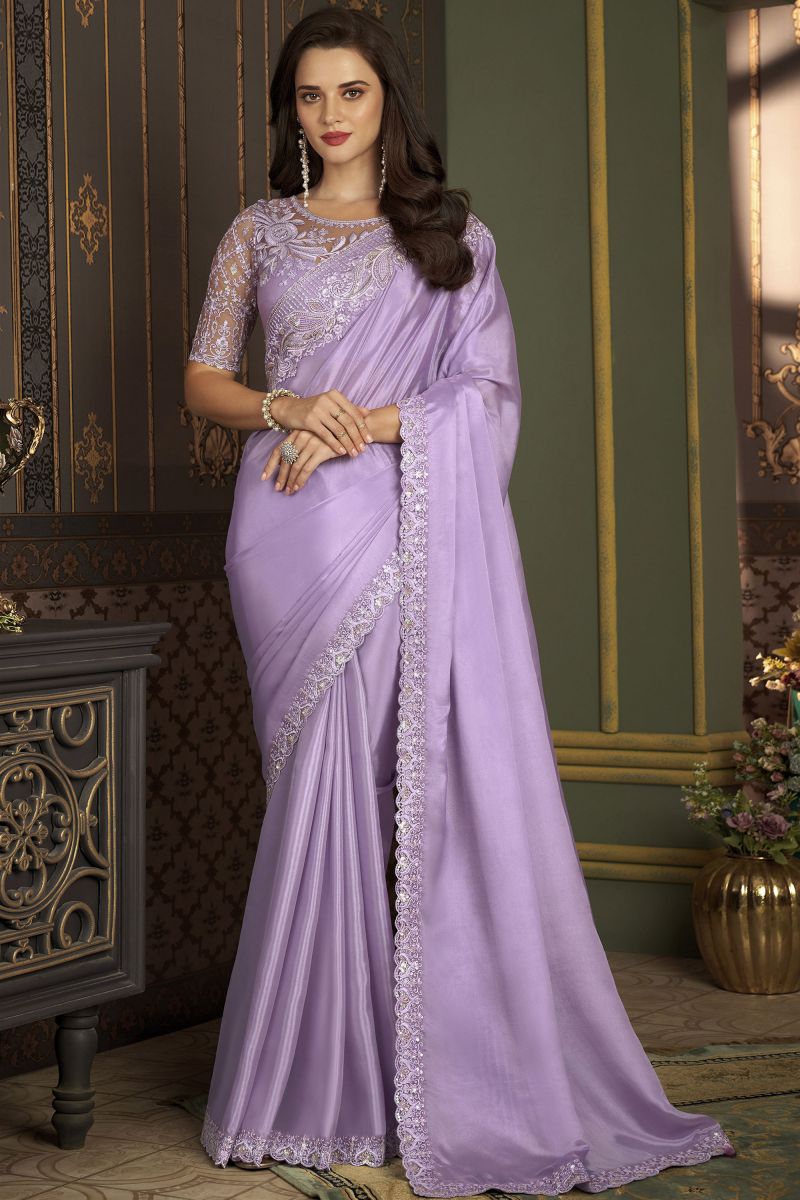 Border Work On Lavender Color Sober Sangeet Wear Saree In Art Silk Fabric