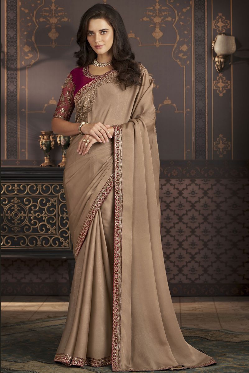 Beige Color Art Silk Fabric Special Sangeet Wear Saree With Border Work