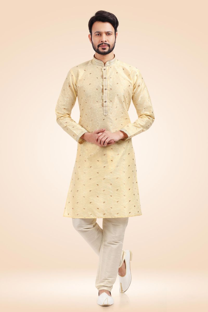 Cream Color Jacquard Banarasi Silk Readymade Kurta Pyjama For Men