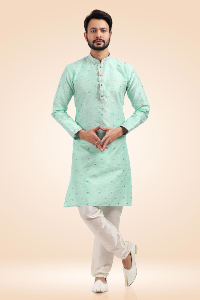 Sea Green Color Jacquard Banarasi Silk Fancy Readymade Kurta Pyjama For Men