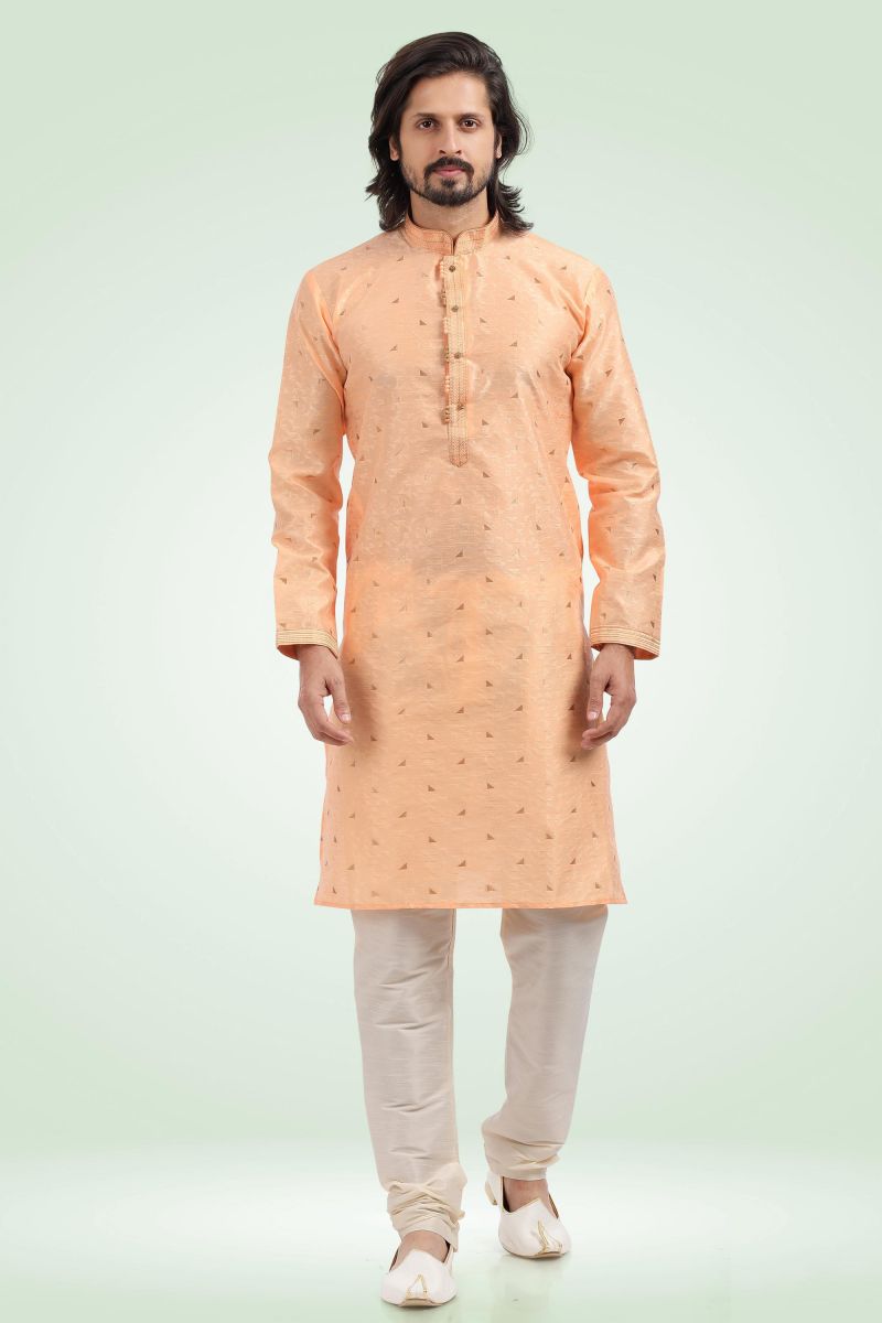 Jacquard Banarasi Silk Peach Color Trendy Readymade Men Kurta Pyjama