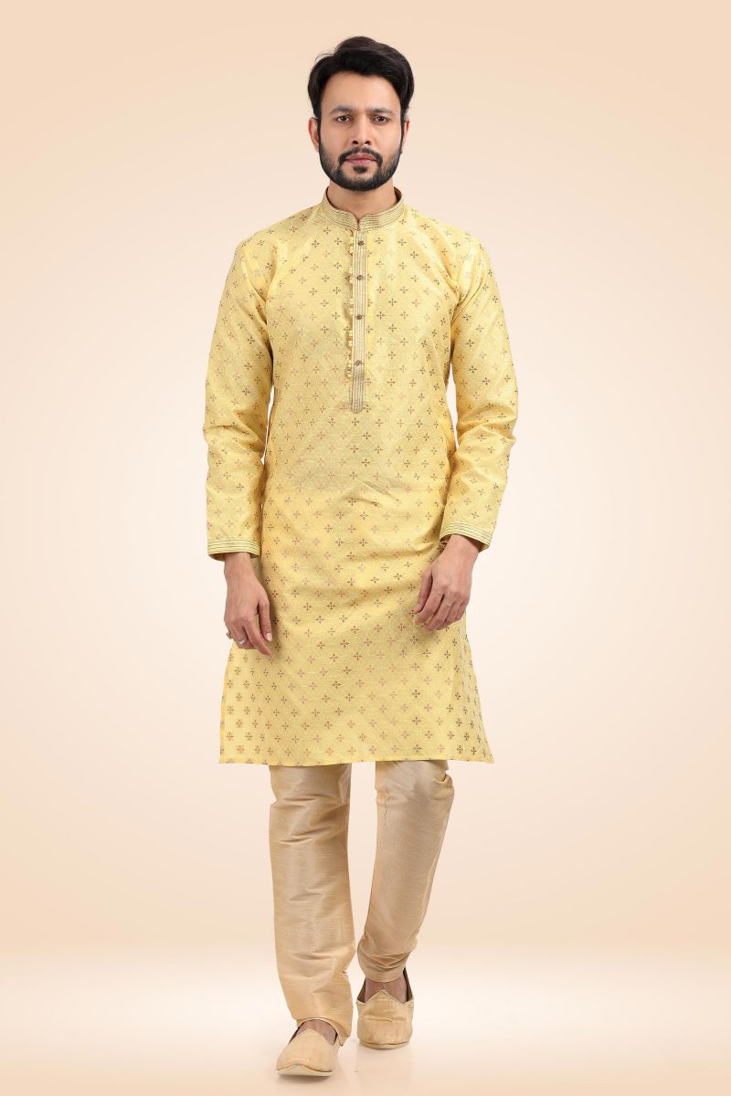 Yellow Color Jacquard Banarasi Silk Designer Readymade Kurta Pyjama For Men