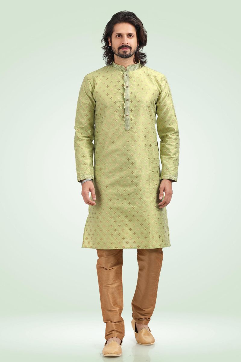 Green Color Jacquard Banarasi Silk Readymade Kurta Pyjama For Men