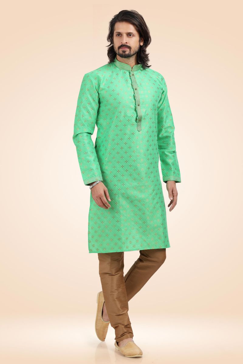 Sea Green Color Engaging Jacquard Banarasi Silk Readymade Kurta Pyjama For Men