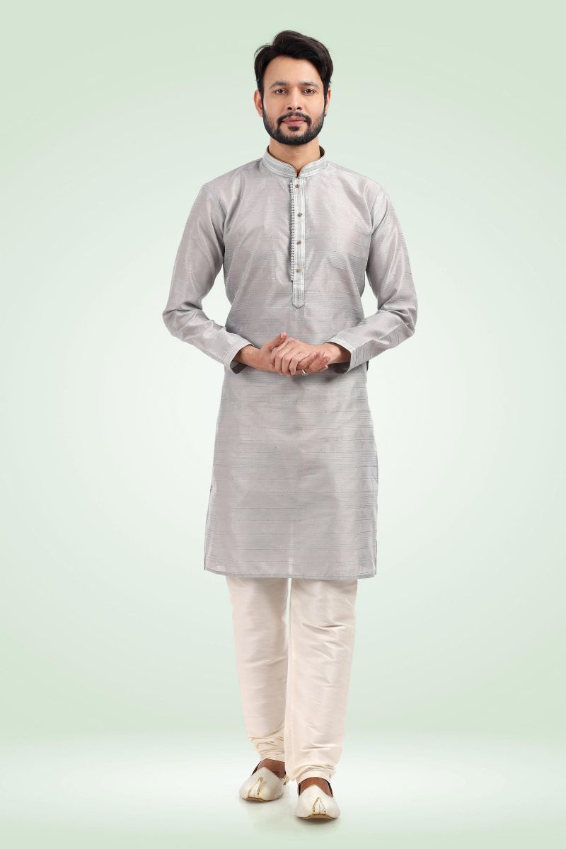 Grey Color Jacquard Banarasi Silk Captivating Readymade Kurta Pyjama For Men