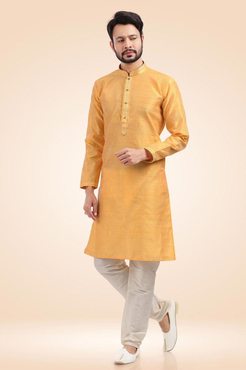 Orange Color Jacquard Banarasi Silk Readymade Kurta Pyjama For Men