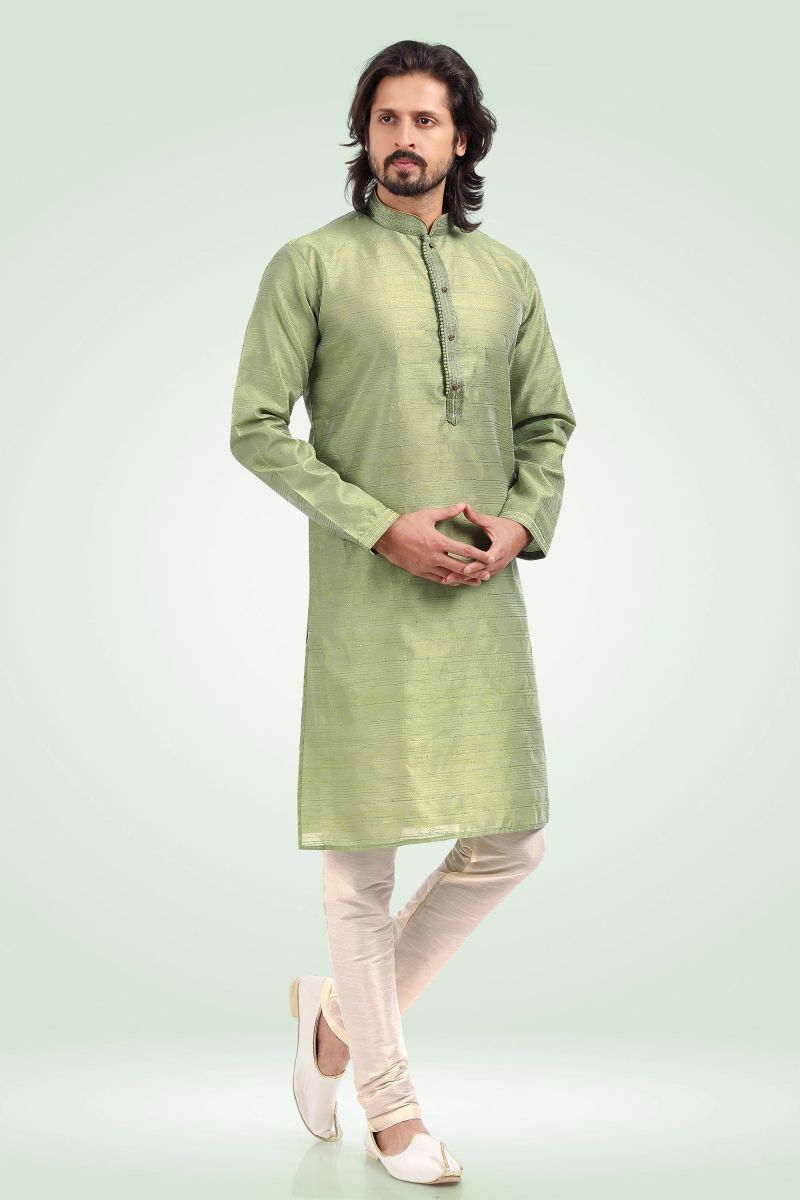 Green Color Gorgeous Jacquard Banarasi Silk Readymade Kurta Pyjama For Men