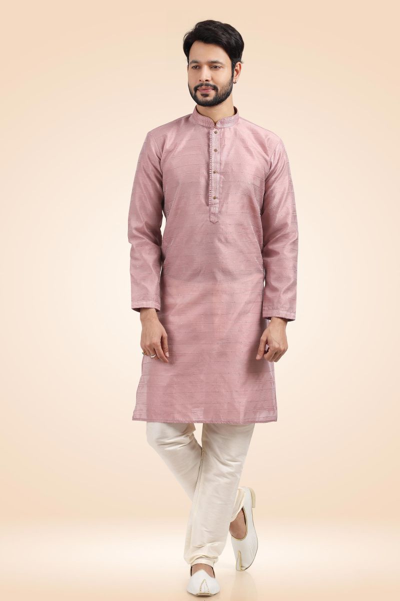 Pink Color Jacquard Banarasi Silk Striking Readymade Kurta Pyjama For Men