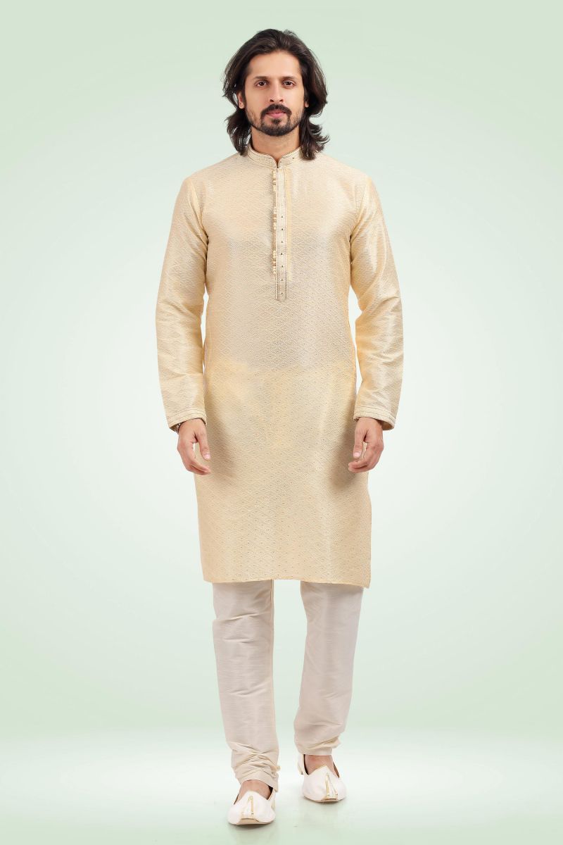 Beige Color Stunning Jacquard Banarasi Silk Readymade Kurta Pyjama For Men