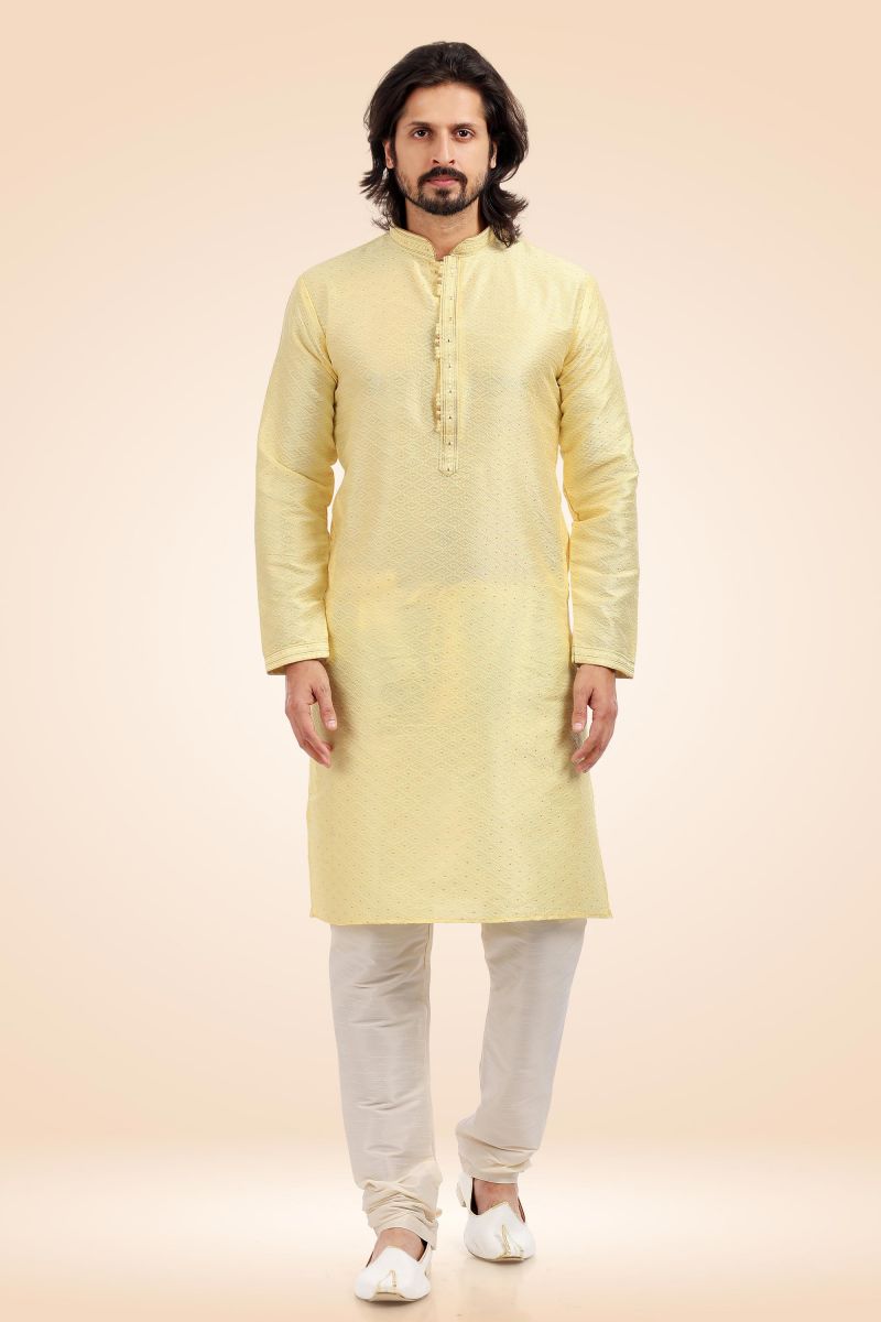 Jacquard Banarasi Silk Lovely Yellow Color Readymade Kurta Pyjama For Men