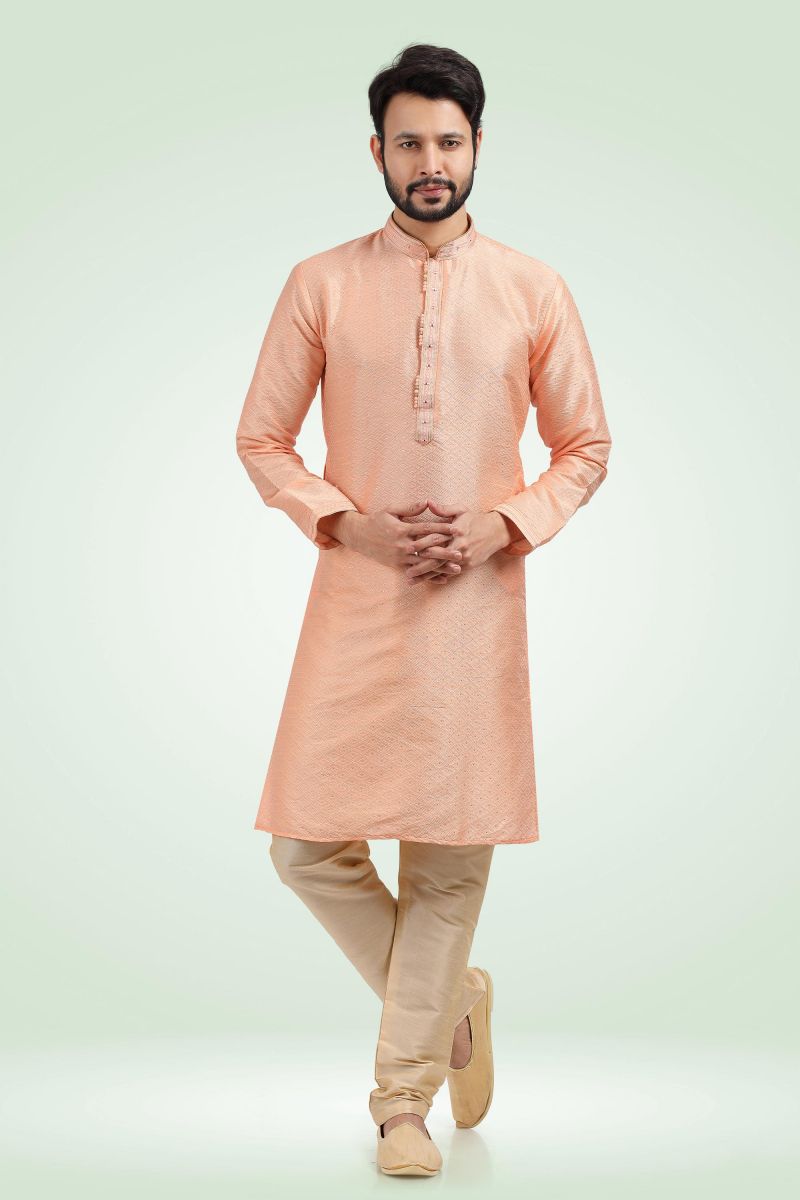 Peach Color Pretty Readymade Kurta Pyjama For Men In Jacquard Banarasi Silk Fabric