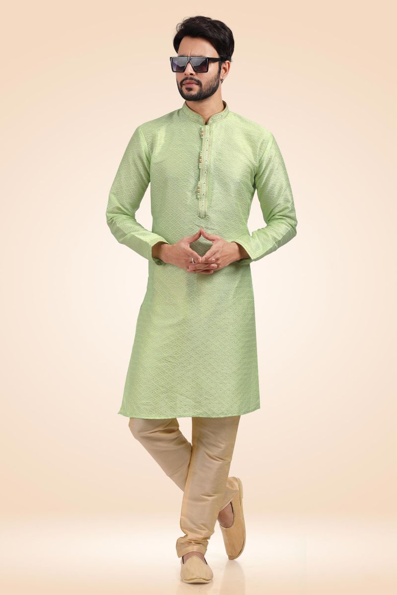 Jacquard Banarasi Silk Readymade Kurta Pyjama For Men In Sea Green Color