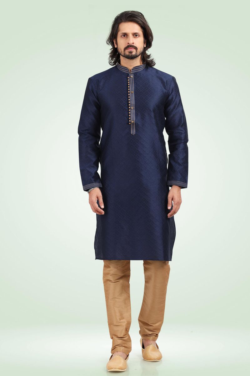 Jacquard Banarasi Silk Attractive Readymade Kurta Pyjama For Men In Navy Blue Color