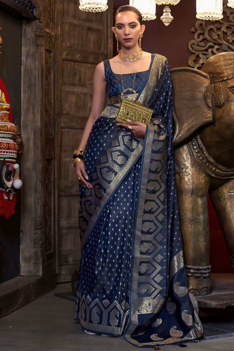 Satin Silk Navy Blue Saree With Weaving Work