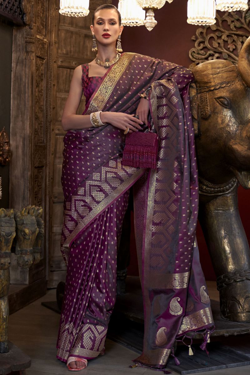 Wine Weaving Work On Satin Silk Saree