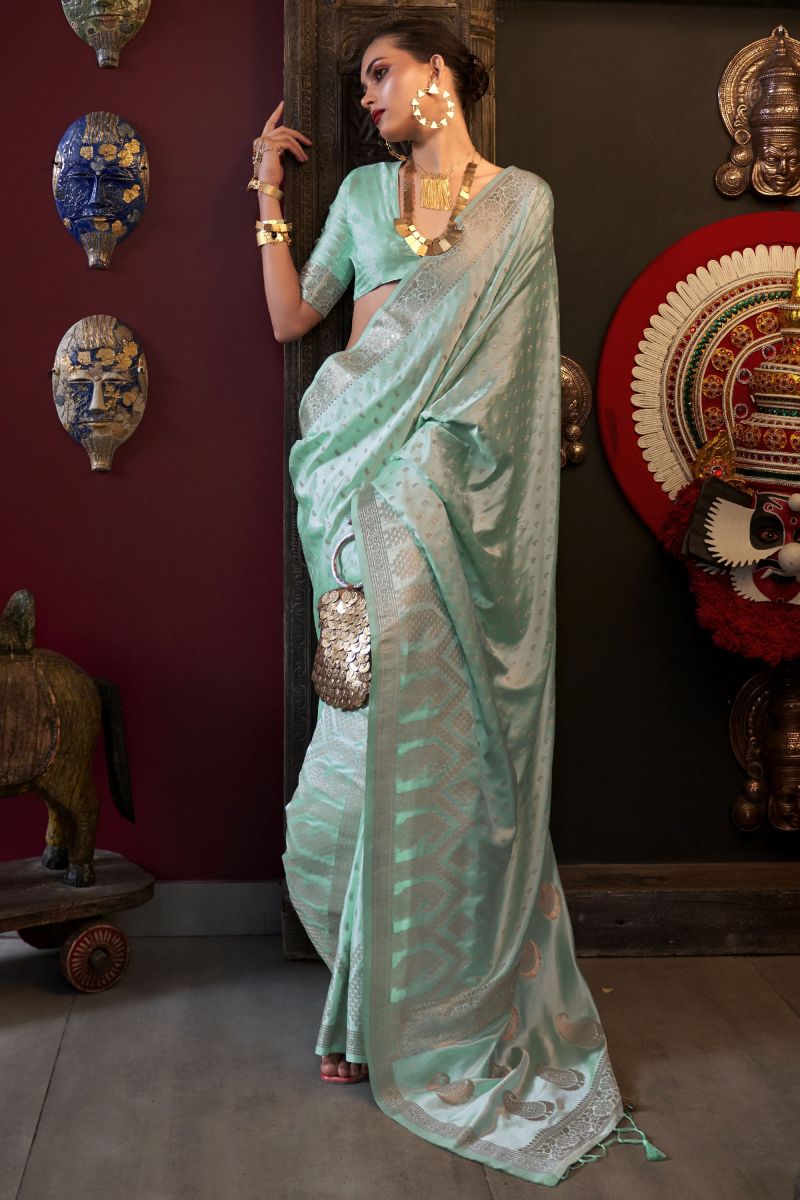 Weaving Work On Sea Green Satin Silk Saree