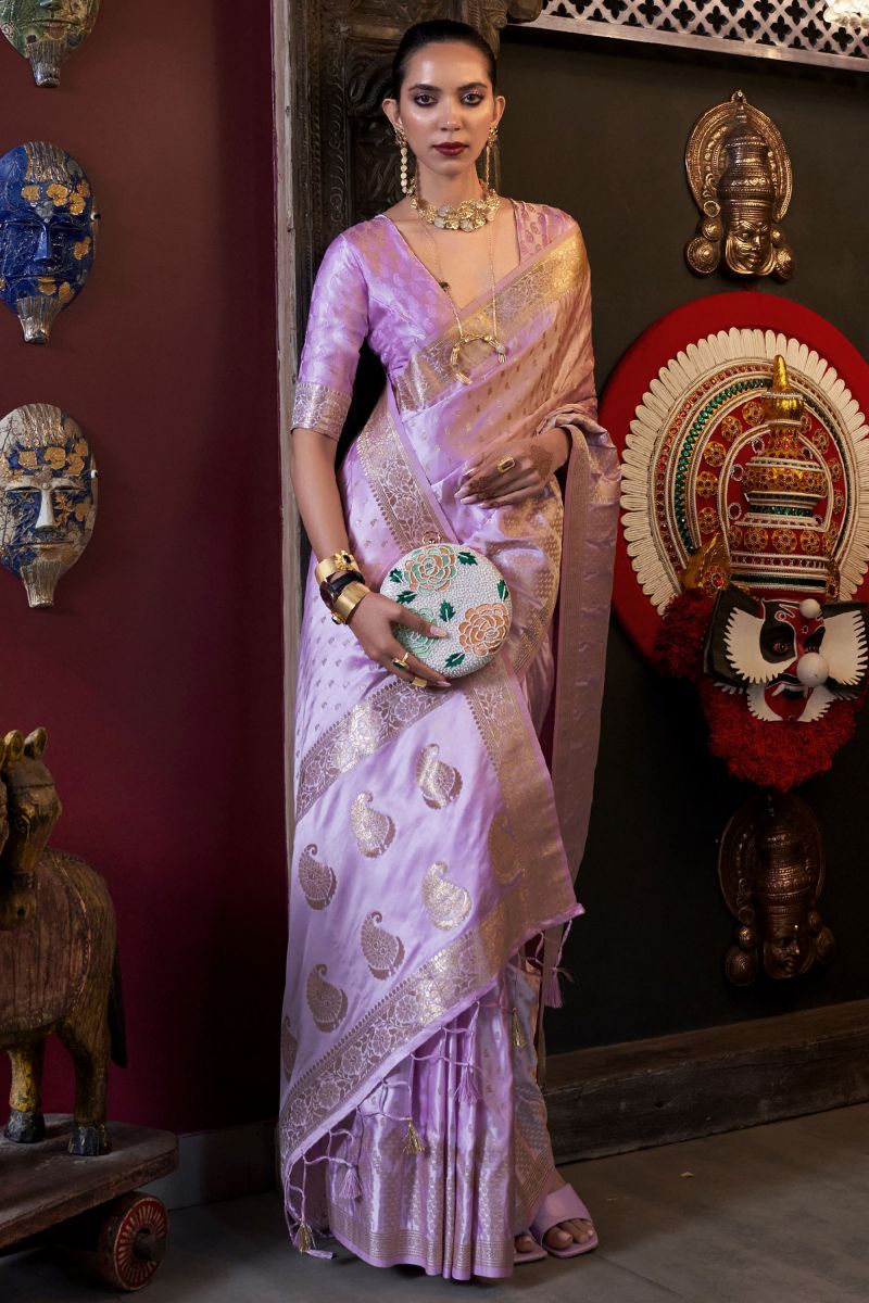 Satin Silk Lavender Saree With Weaving Work