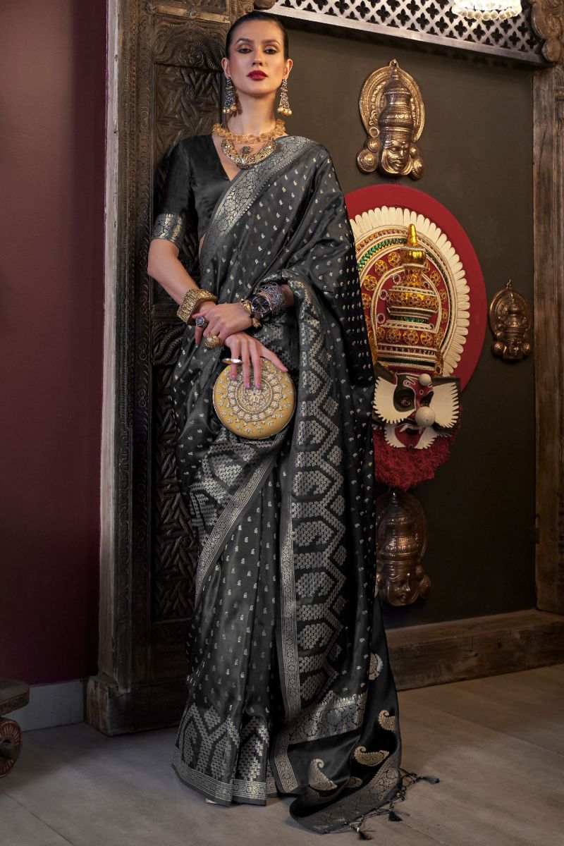 Weaving Work On Black Satin Silk Saree