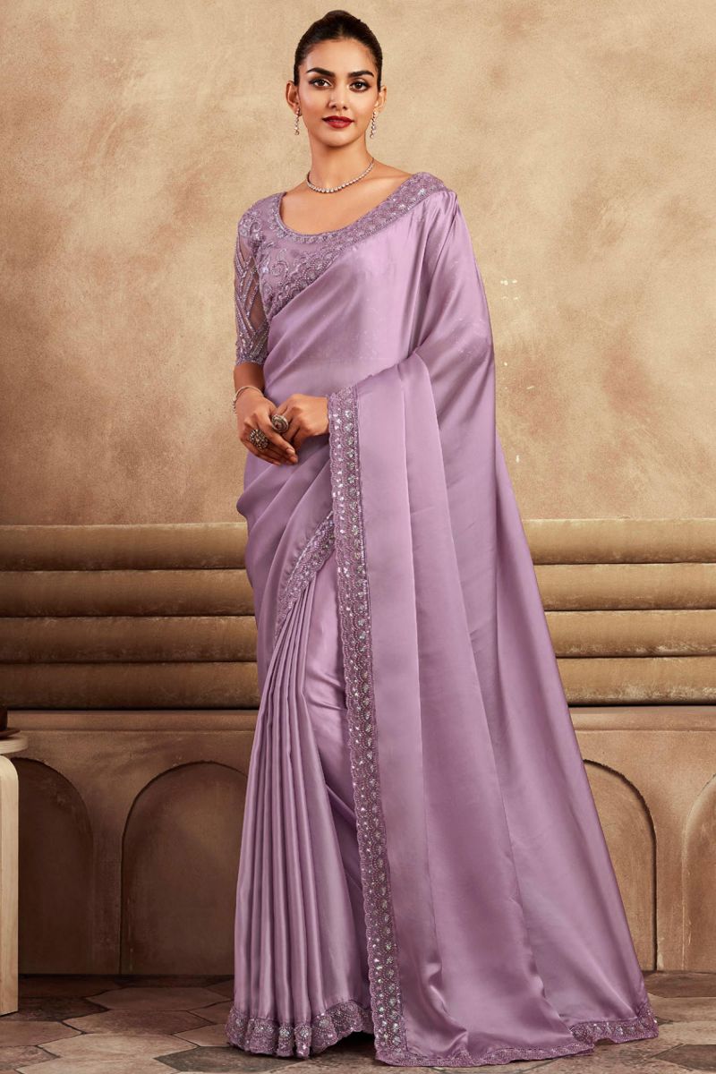 Lavender Border Work Pleasant Party Style Satin Silk Saree