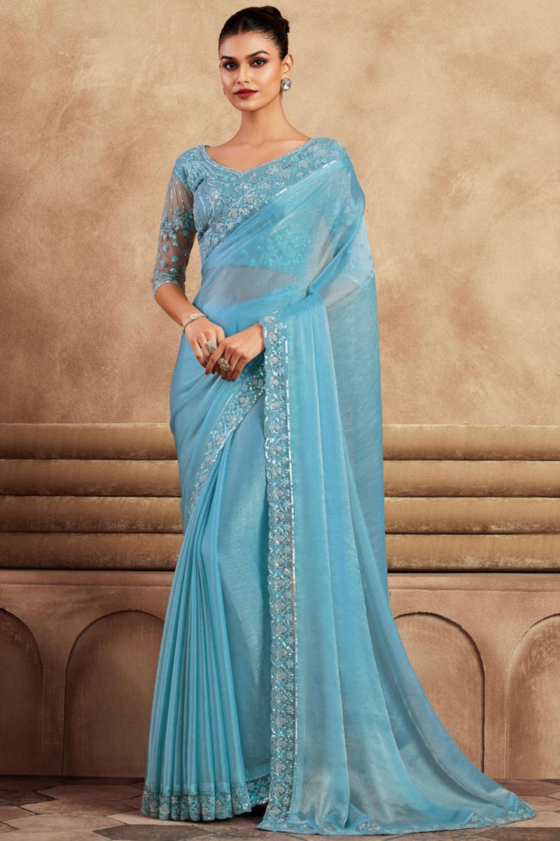 Cyan Border Work Brilliant Party Style Chiffon Silk Saree