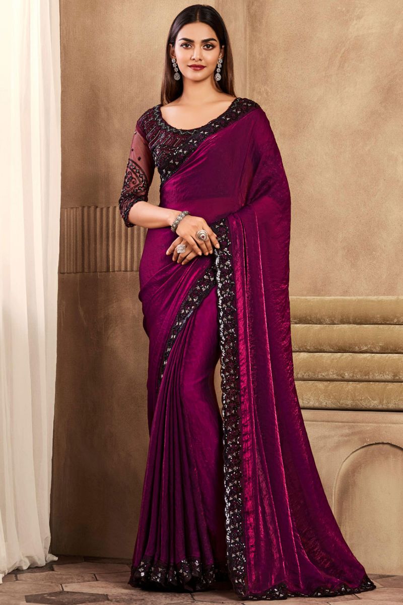 Burgundy Color Exquisite Border Work Party Style Saree