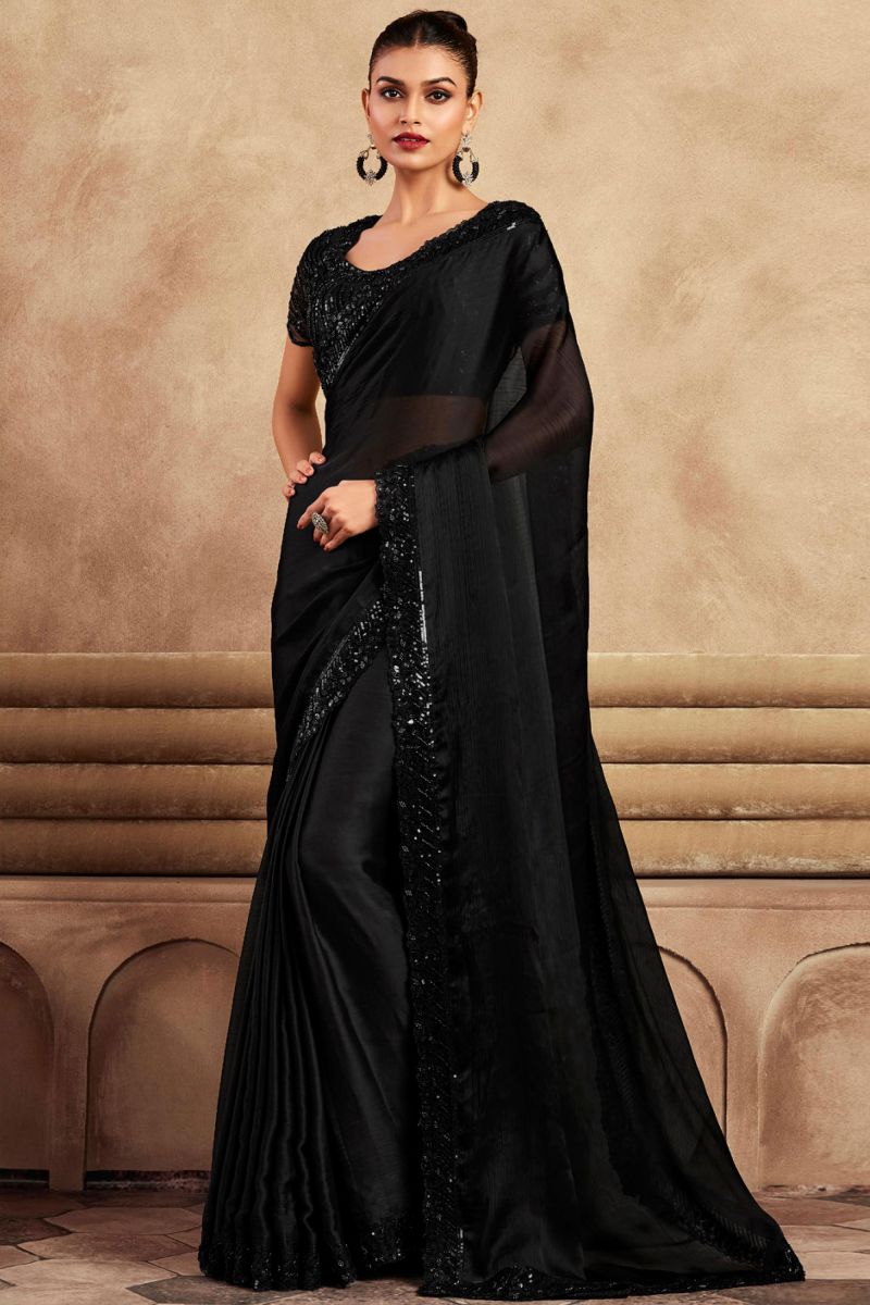 Border Work Attractive Party Style Art Silk Saree In Black Color