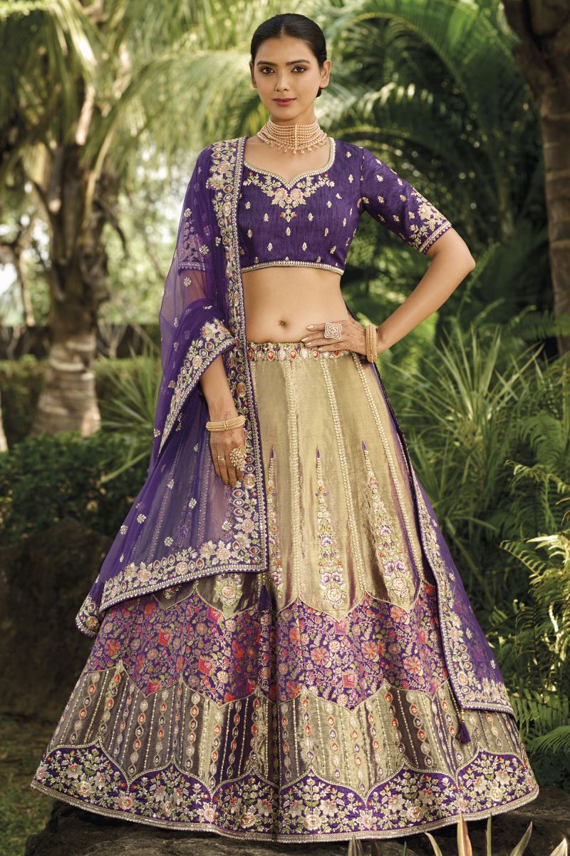 Banarasi Silk Beige Riveting Lehenga With Jacquard Work