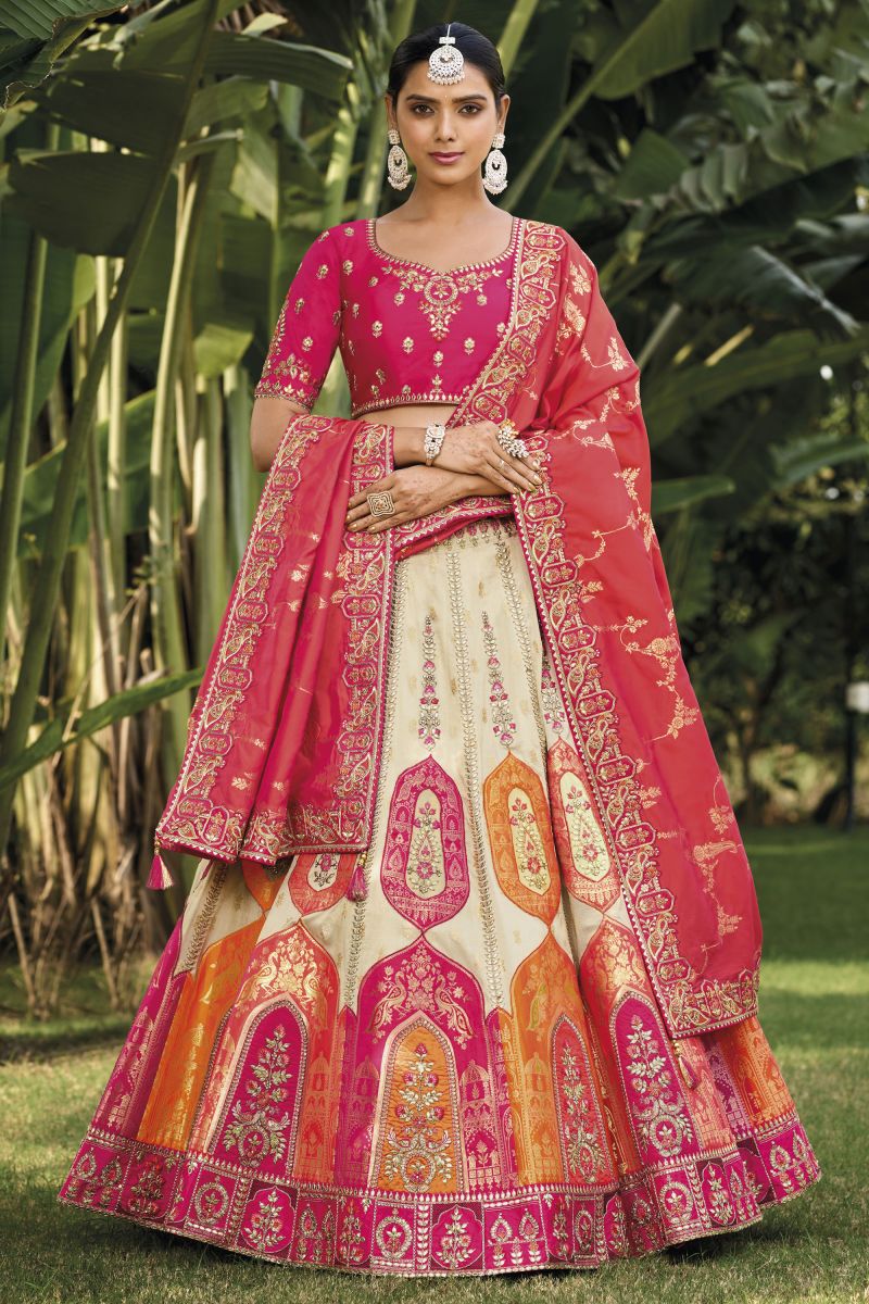 Banarasi Silk Off White Excellent Lehenga With Jacquard Work