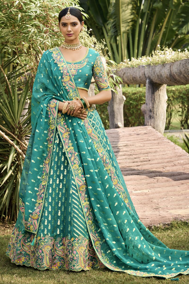 Banarasi Silk Sea Green Patterned Lehenga With Jacquard Work