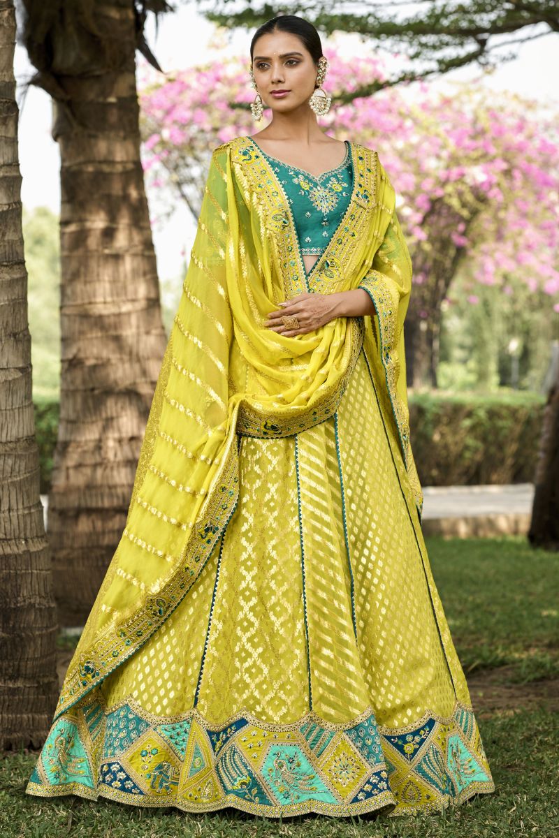 Yellow Banarasi Silk Engaging Lehenga With Jacquard Work