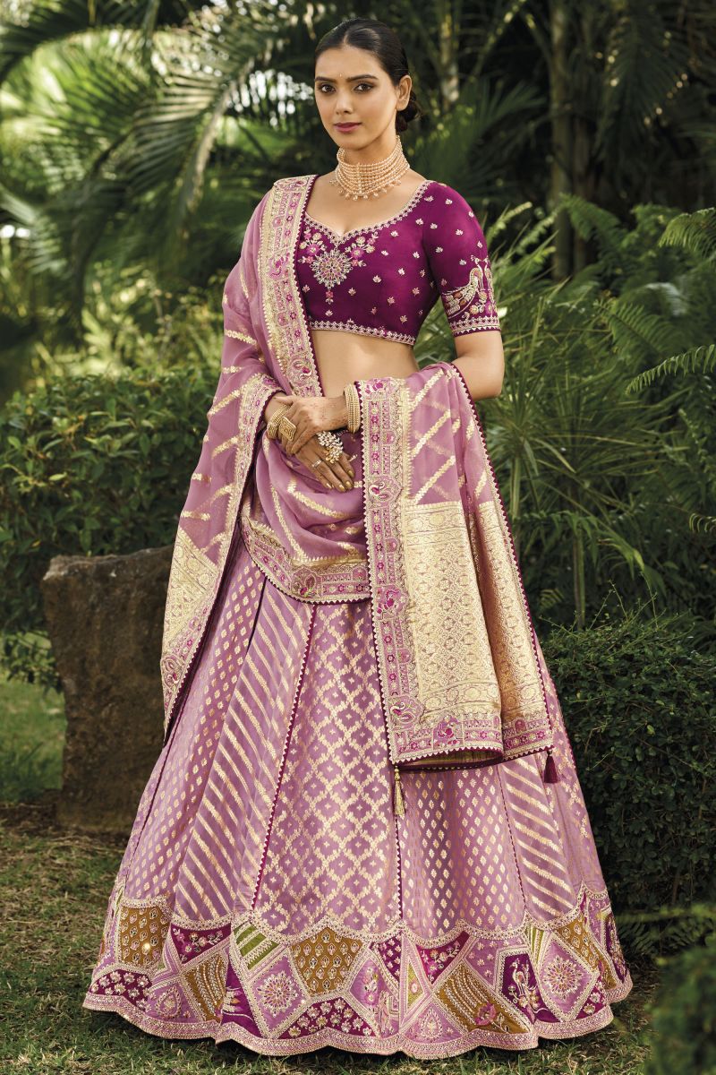 Jacquard Work On Lavender Sober Lehenga In Banarasi Silk Fabric