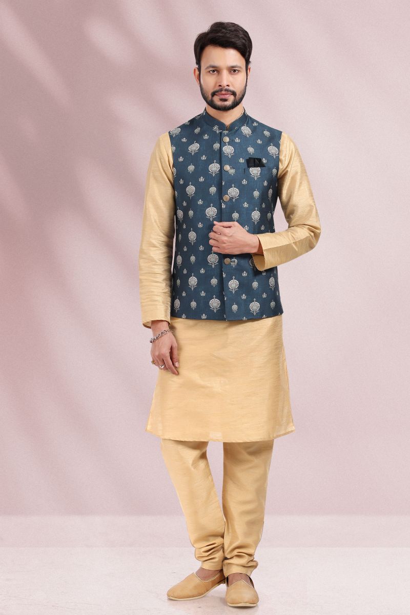 Blue Color Reception Wear Readymade Banarasi Silk Kurta Pyjama For Men With Printed Jacket