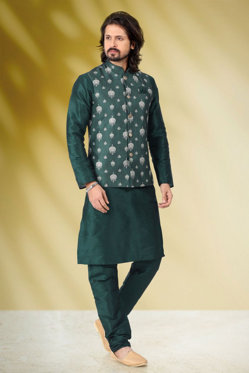 Banarasi Silk Function Wear Readymade Green Color Kurta Pyjama For Men With Printed Jacket