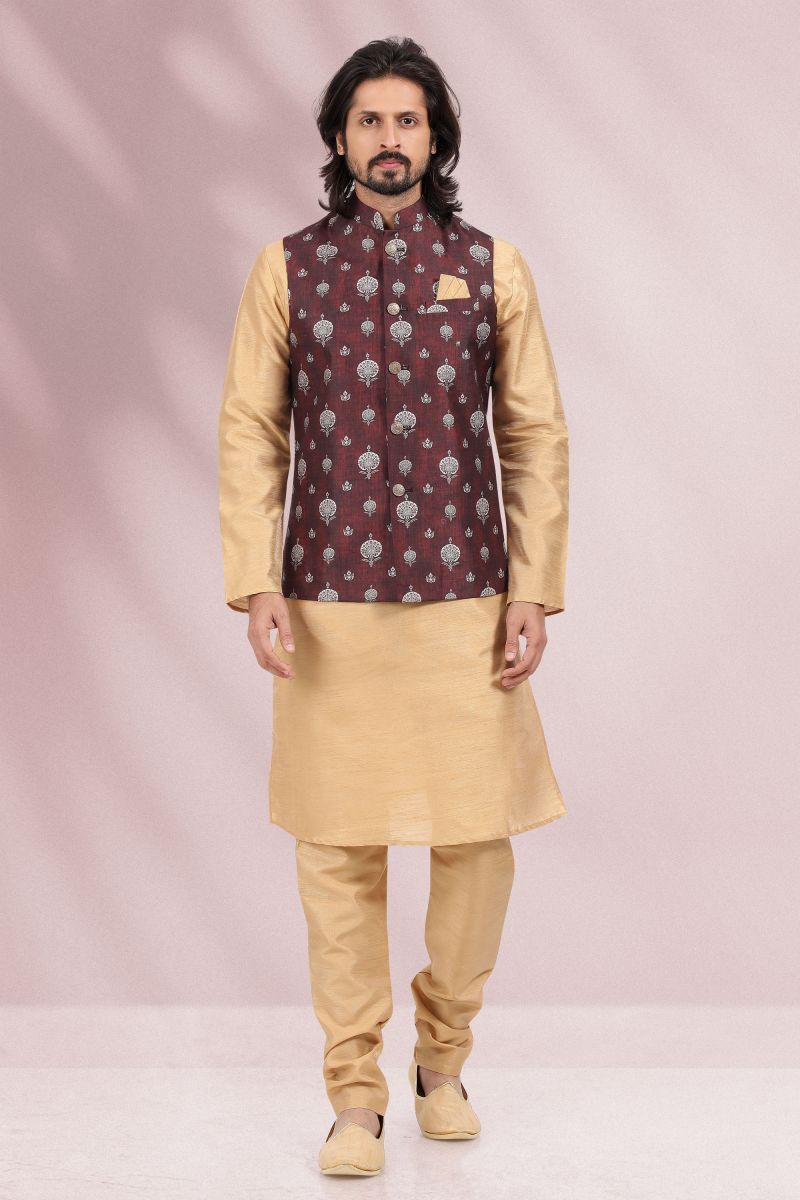 Wine Color Banarasi Silk Festive Wear Readymade Kurta Pyjama For Men With Printed Jacket