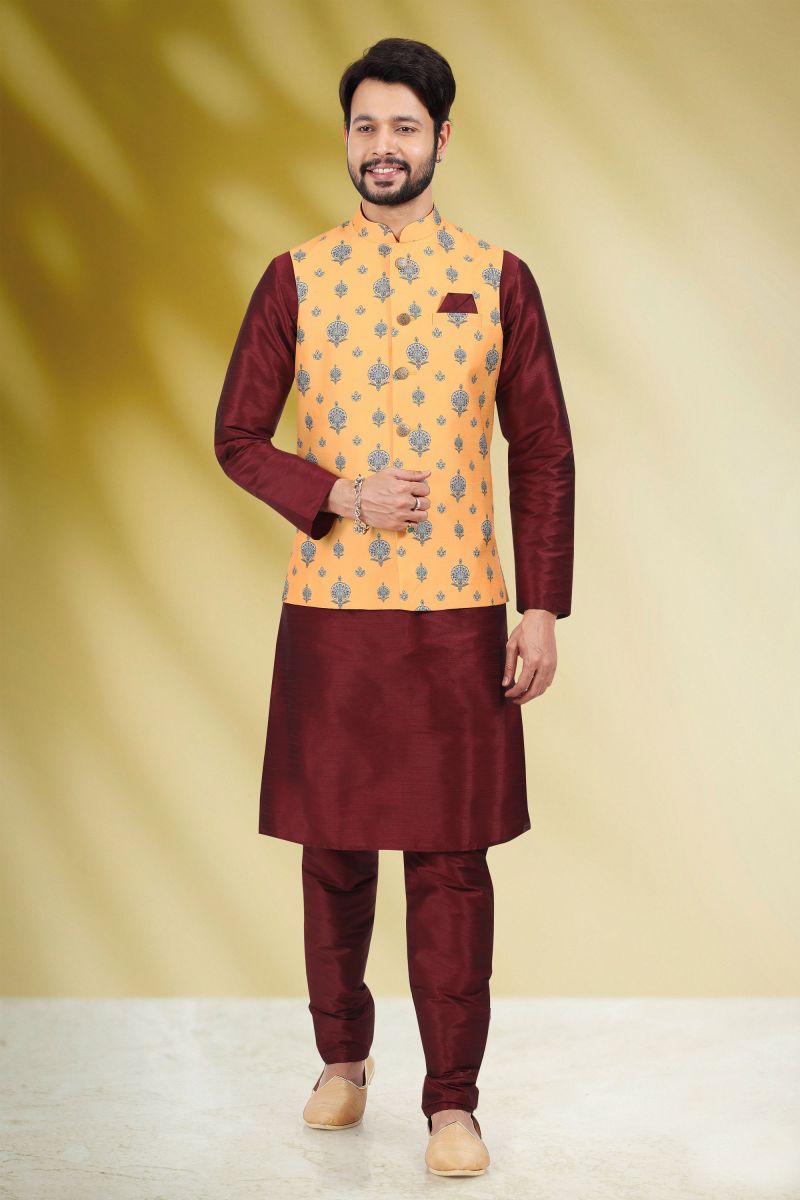 Banarasi Silk Yellow Color Sangeet Wear Readymade Kurta Pyjama For Men With Printed Jacket