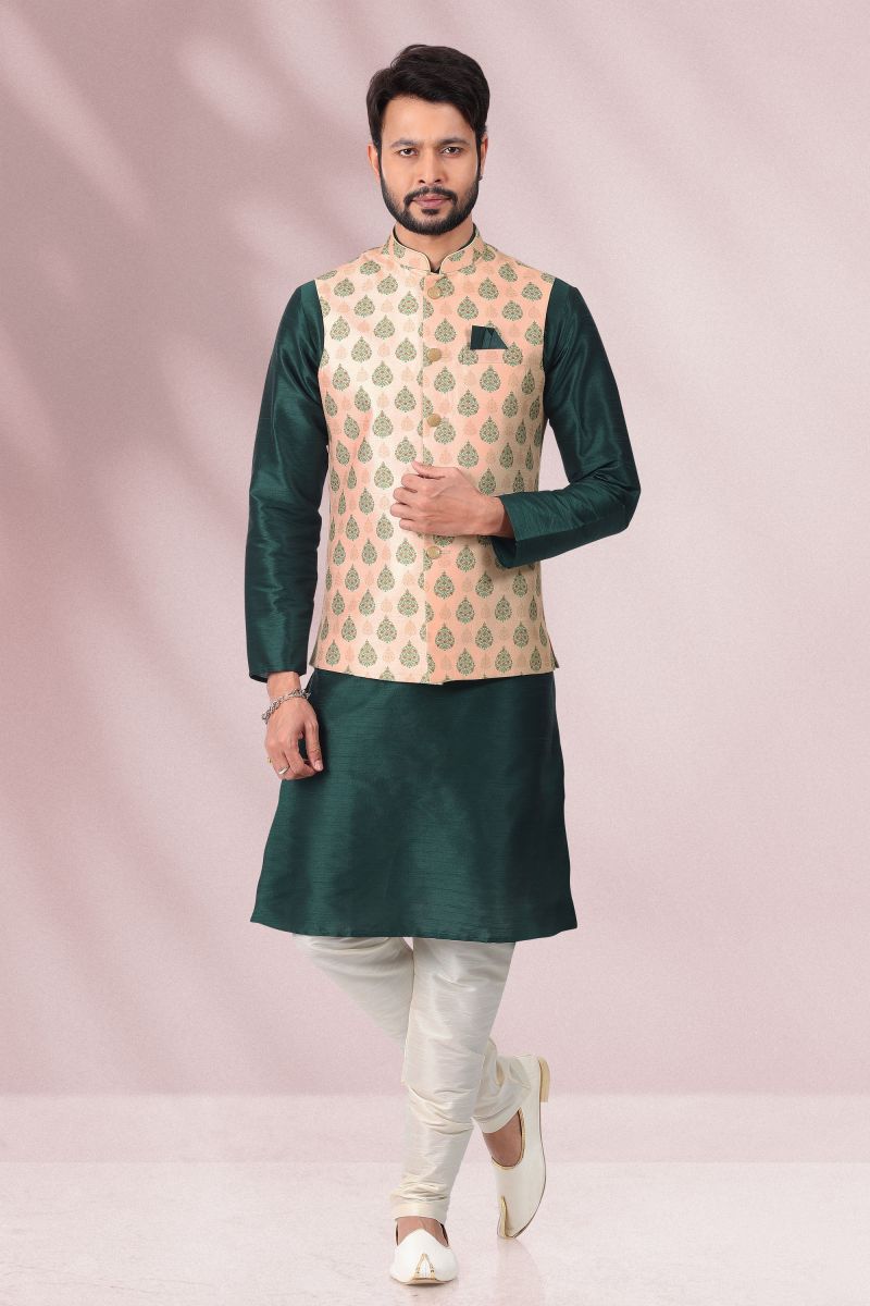 Peach Color Banarasi Silk Function Wear Readymade Kurta Pyjama For Men With Printed Jacket