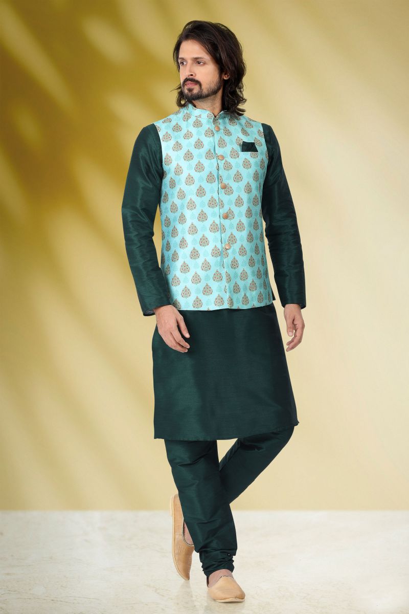 Banarasi Silk Cyan Color Festive Wear Trendy Readymade Men Kurta Pyjama With Printed Jacket