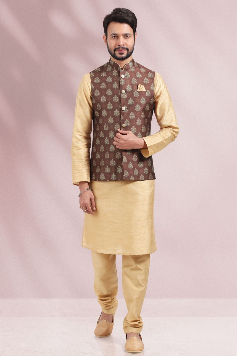 Brown Color Sangeet Wear Banarasi Silk Designer Readymade Kurta Pyjama For Men With Printed Jacket