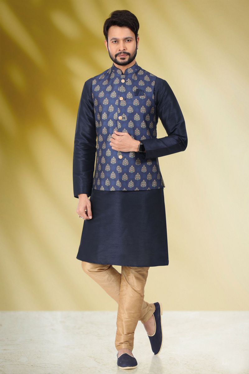 Navy Blue Color Banarasi Silk Function Wear Readymade Kurta Pyjama For Men With Printed Jacket