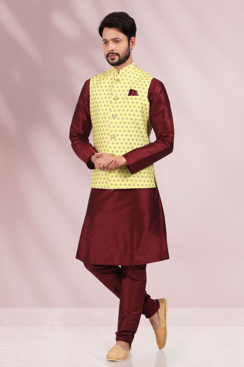 Yellow Color Engaging Banarasi Silk Festive Wear Readymade Kurta Pyjama For Men With Printed Jacket