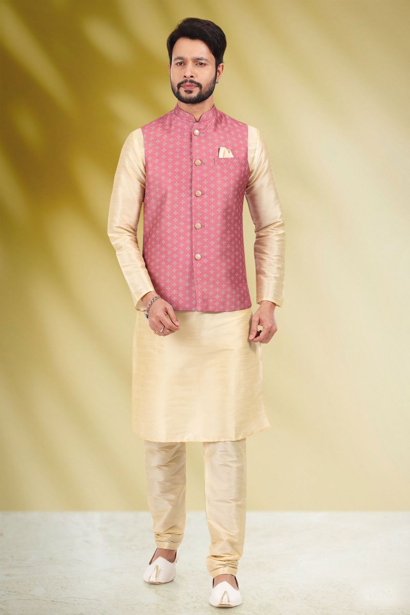 Pink Color Banarasi Silk Festive Wear Captivating Readymade Kurta Pyjama For Men With Printed Jacket