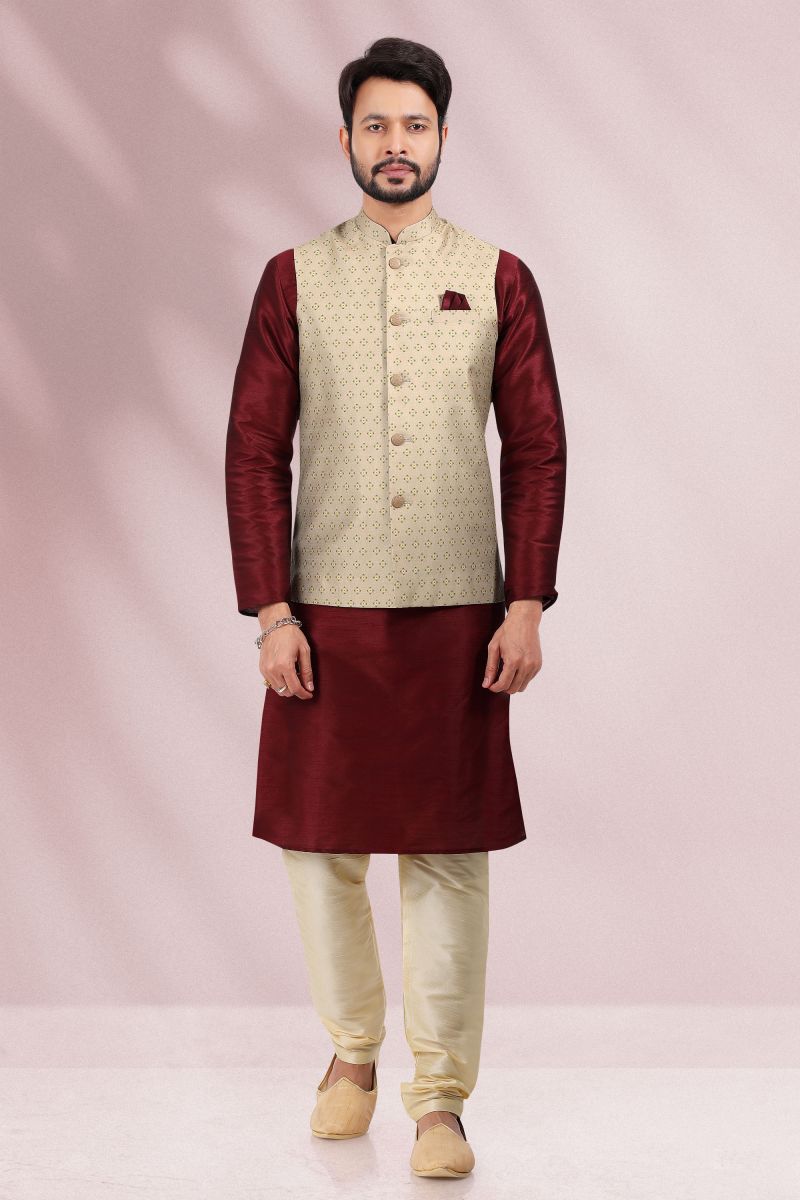 Cream Color Banarasi Silk Sangeet Wear Readymade Kurta Pyjama For Men With Printed Jacket