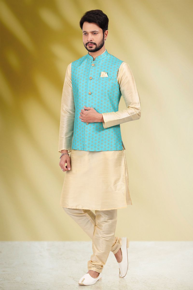 Cyan Color Gorgeous Banarasi Silk Wedding Wear Readymade Kurta Pyjama For Men With Printed Jacket